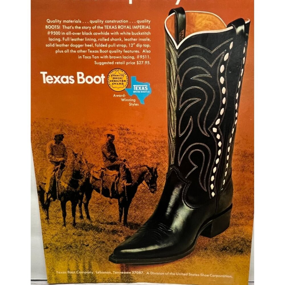 Texas Boot Company Vintage Print Ad 1970s Royal Imperial Boots Cowboy Western